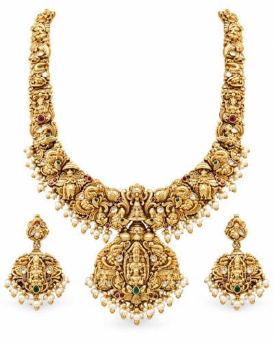 Temple Jewellery Necklace and Earrings Set, Antique Gold