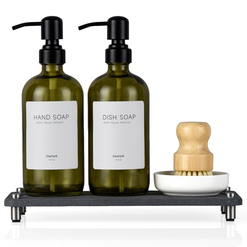 2 Pack Kitchen Soap Dispenser Set - 16oz Green Glass Dish and Hand Soap Dispenser with Stainless Steel Pump Instant Dry Tray Dish Brush & Holder Refillable Countertop Sink Decor for Kitchen & Bath