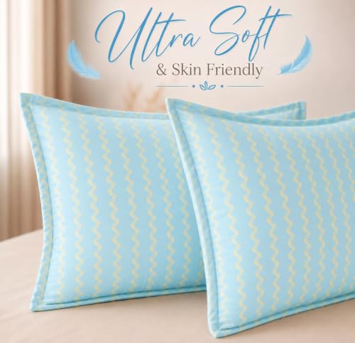 Image of VAS COLLECTIONS Premium 210 TC Cotton Satin Stripe Pillow Cover Set of 2 (18x28 Inches) | Hotel Quality Soft Breathable Pillow Cases | Pillow Covers for Home Hotel Hospital Use, Aqua & White