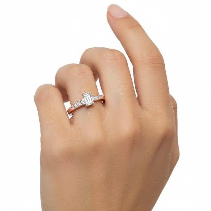 Image of 55Carat Choose Your Gemstone Diamond CZ Graduated Accent Ring Rose Gold Plated Emerald Shape Petite Engagement Rings Everyday Jewelry Wedding Jewelry Handmade Gifts for Wife US Size 4 to 12