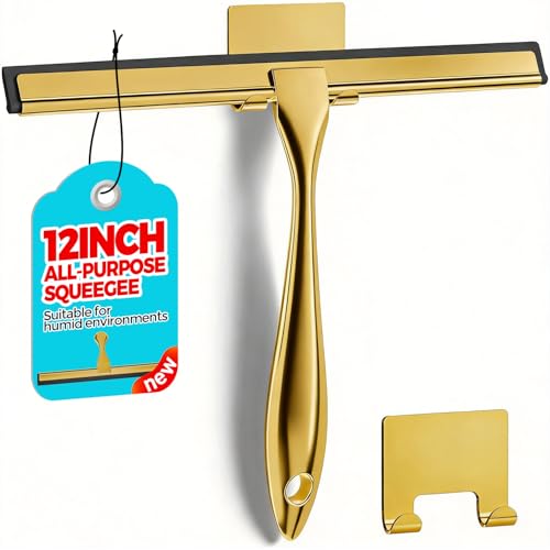 ALFLOD 12-Inch Golden All-Purpose Shower Squeegee for Shower Doors Tile Shower Walls Bathroom Window Glass and Car Windshield Mirrors and Kitchen-Stainless Steel