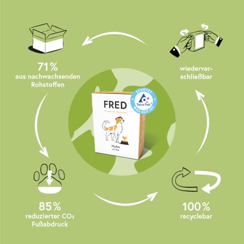 FRED Nassfutter Hund Huhn mit Reis – Monoprotein – 50 % Huhn in Lebensmittelqualität – Getreidefrei – mit Gemüse & Ölen – Alleinfuttermittel für ausgewachsene Hunde – 190 g Tetra Pak