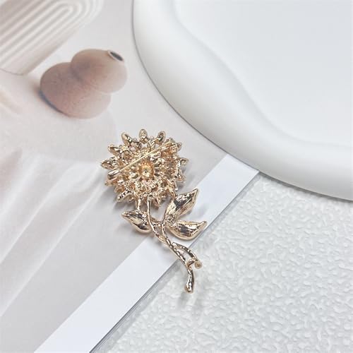 Image of Elegant Sunflower Rhinestone Flower Brooch for Women Gold-Toned Crystal Leaf Daisy Blossom Brooches Lapel Pins Dainty Dress Accessories Wedding Valentine Jewelry