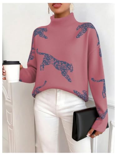 Image of WDIRARA Women's Leopard Tiger Print Sweater High Neck Long Sleeve Fuzzy Knitted Pullover Top