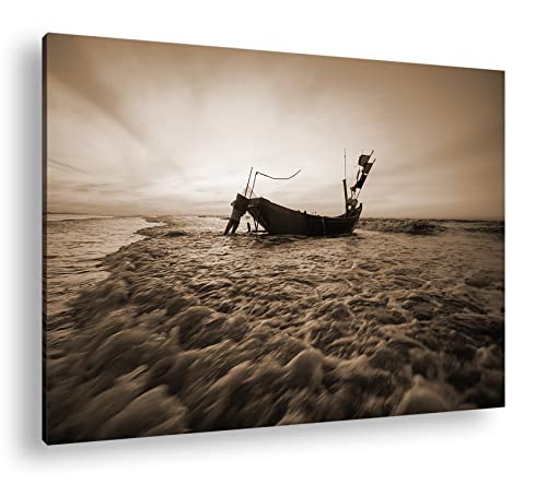 Bateau de pêche à l'ancienne déco marine vintage avec ce tableau sépia deyoli 90x60