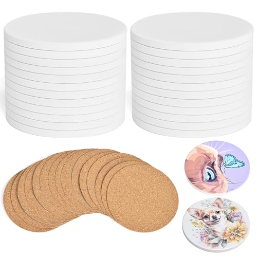 COYMOS 24 Pcs Round Ceramic Tiles for Crafts 4x4 White Ceramic Coasters for Crafts with Cork Backing Pads Blank Unglazed Tiles for Painting Alcohol Ink Acrylic Pouring DIY Coaster