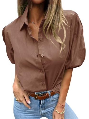 Image of Tankaneo Women's Button Down Shirts Short Puff Sleeve Collared Dressy Casual Blouse Tops