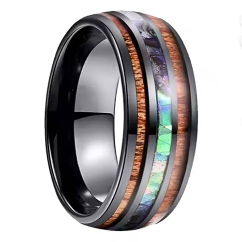 Bague en tungstène 8MM avec incrustation coquillage et bois pour hommes et femmes