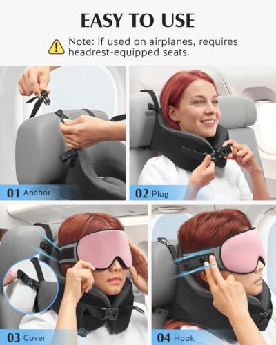 Image of YFONG Travel Pillow with Head Support & Sleep Mask for Long Flights, Pink