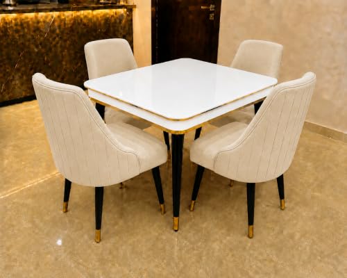Image of WOODEN SPACE 4 Seater Wooden Dining Table Set | Urban Marble Top Dining Table with Chairs for Dining Room & Kitchen (Modern Infinity Backline Beige) (42 x 42 x 30 inch)