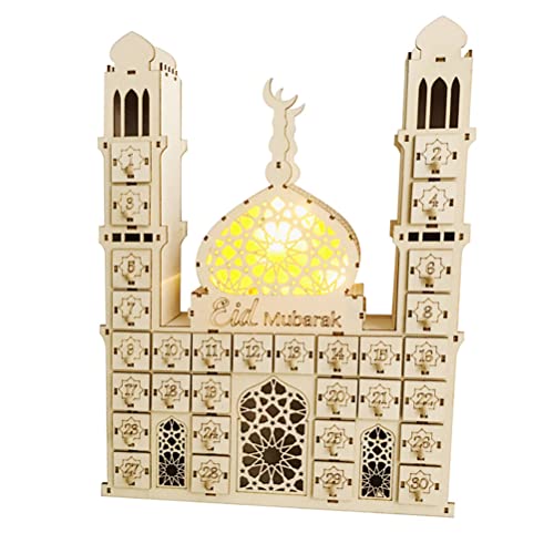 WSTERAO Calendrier de l'avent du Ramadan Mubarak | Calendrier de l'Avent du Ramadan en bois | Calendrier de compte à rebours avec lumières LED | Décorations musulmanes en bois Cover