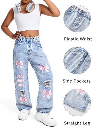 SEAUR Girls Wide Leg Jeans Classic Elastic Waist Denim Pants Cute Y2K Trendy Tween Streetwear 7-14T3