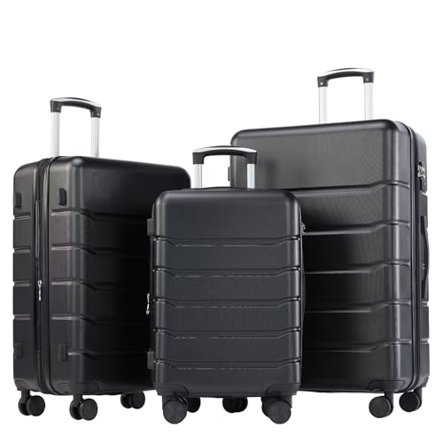 OLIXIS 3-Piece Suitcase Set, Hardside Luggages with Spinner Wheels, Lightweight ABS Hard Shell Travel Luggage, Expandable Carry-On Suitcase with TSA Approved Lock–Black(20+24+28 Inch)