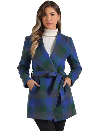 Image of Allegra K Women's Shawl Collar Belted Asymmetrical Hem Plaid Coat Blue Green S
