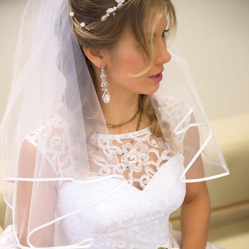 Korty TOUSHA White Wedding Veil,2 Tier Ribbon Edge Center Cascade Bridal Veil thumb #4