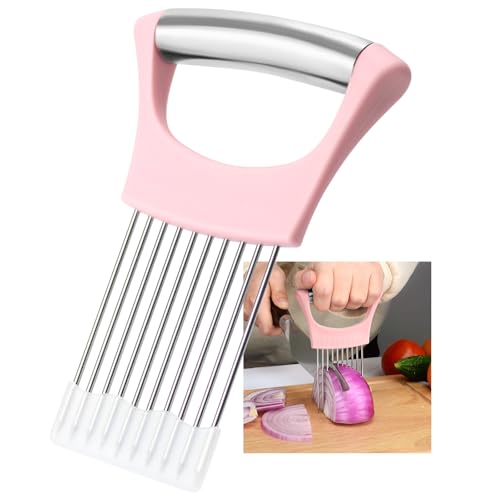 Pink Stainless Steel Onion Holder for Slicing,Onion Slicer Holder, Onion Cutter for Slicing of Onions, Tomatoes,Avocados,Eggs and Other Vegetables,Valentine's Day Gift Kitchen Utensils (Pink)