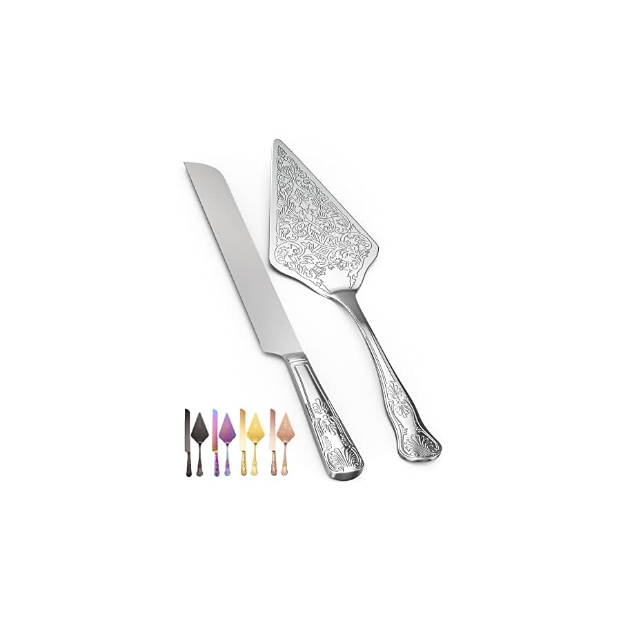 Orblue Wedding Cake Knife and Server Set - Premium, Beautifully Engraved Cutting Set - Elegant Keepsake for Newlyweds Silver