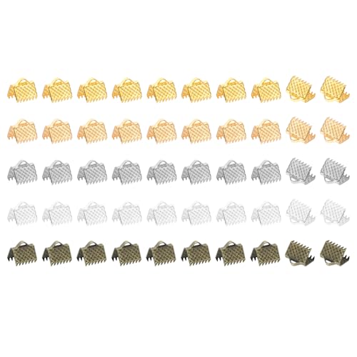PATIKIL 10mm Ribbon Ends Crimp Clamp, 570pcs Pinch Crimp End Bracelet Bookmark Cord Ends Fasteners Clasp for Leather DIY Craft Jewelry Making, Iron 5 Color