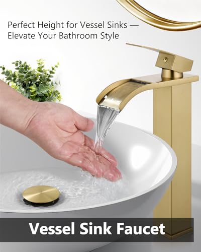 Robinet cascade haut pour vasque de salle de bain or brossé mitigeur monotrou chic - 3
