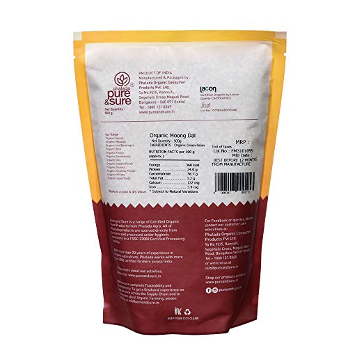 Image of Pure & Sure Organic Yellow Moong Dal Split 500gm | 100% Natural Mung Dal Chilka | Unpolished | Vegan, Gluten-Free, Non GMO | Chemical Free & Pesticides Free (Pack of 2)