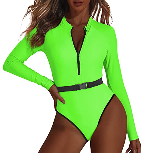 80s 90s Outfit for Women Neon High Cut One Piece Swimsuits Long Sleeve Bathing Suits Rash Guard...