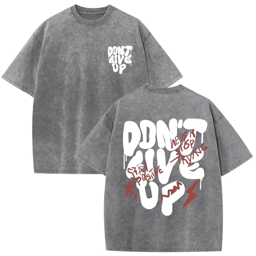 Wedsadl Oversized Tshirts for Men Graphic Vintage Tees Streetwear Shirts Acid Wash Tshirt Positive Letter Print Cotton Tops(Light Gray,L)