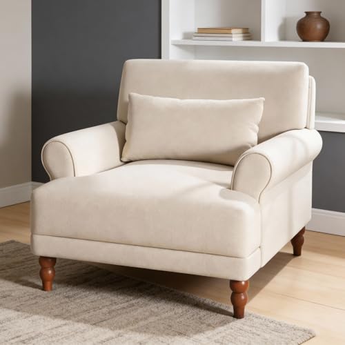 Oversized Accent Chair, Upholstered Living Room Chair, Velvet ArmChair Sofa Chair with Vintage Roman Column Legs, Big Lounge Reading Chair with Wide Seat for Bedroom, Guest Room, Study, Beige
