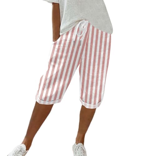 Pantalones sexy para mujer y pantalones de lino con rayas y pantalones elásticos para el tiempo libre, pantalones de cuarto Kasacks para mujer Cuidado con pantalones (rojo, S)