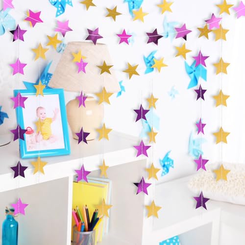 Image of Patelai 130 Feet Glitter Star Garland Banner 2026 Party Decoration Double Side Star Hanging String Streamer Paper Twinkle for Graduation Wedding Birthday (Gold and Purple)