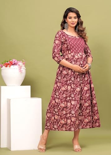 Image of Maternity Feeding Kurti for Women | Cotton Blend Anarkali Dress with Nursing Zip for Pre & Post Pregnancy