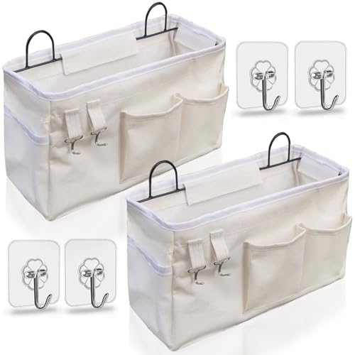Kanrichu 2pcs Large Wall Hanging Organizer Bag, Linen Fabric Door Hanging Storage Baskets with Pockets, Waterproof Bin for Kitchen, Bedroom, Office, RV Camper (White)