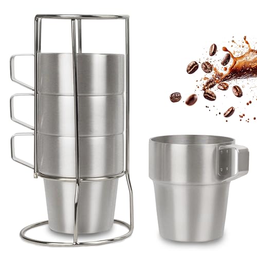 A-SZCXTOP Stainless Steel Coffee and Tea Cup Set of 4, Stackable Double Insulated Metal Mugs with Stand, Ideal for Cold or Hot Beverages (300ml)