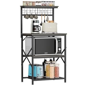 Furologee Kitchen Bakers Rack, Microwave Stand with Storage 4 Tiers, Coffee Bar Station with 6 S Hooks and Pegboard, Kitchen Shelves Rack for Spices, Pots, Black Oak