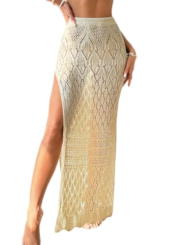 Women's Crochet Swimsuit Cover Up High Slit Boho Sheer Maxi Long Beach Sheer Skirt Cover Up Beige
