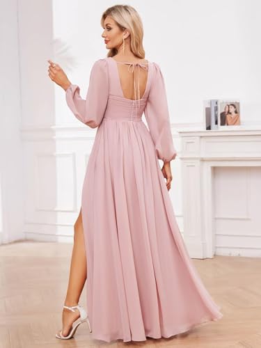 Women's Ruched Chiffon Long Bridesmaid Dress Long Sleeve V Neck Formal Evening Dress Side Split4