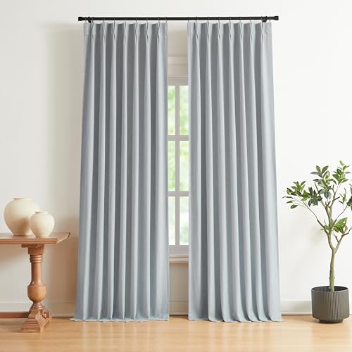 Image of Vision Home Blue Gray Pinch Pleated Full Blackout Curtains Linen Blended Room Darkening Window Curtains 112 inch for Living Room Bedroom Thermal Insulated Pinch Pleat Drapes with Hooks 40 inch Wx112 Lx2