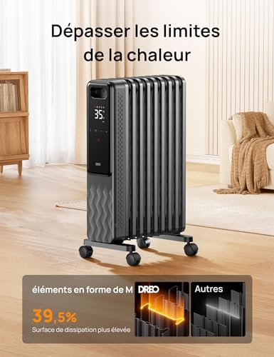 dreo radiateur à bain d'huile 2000w, 9 éléments mobile chauffage électrique avec thermostat, 4 modes, protection anti basculement et anti surchauffe, chauffage d'appoint portable, minuterie 1 24 h