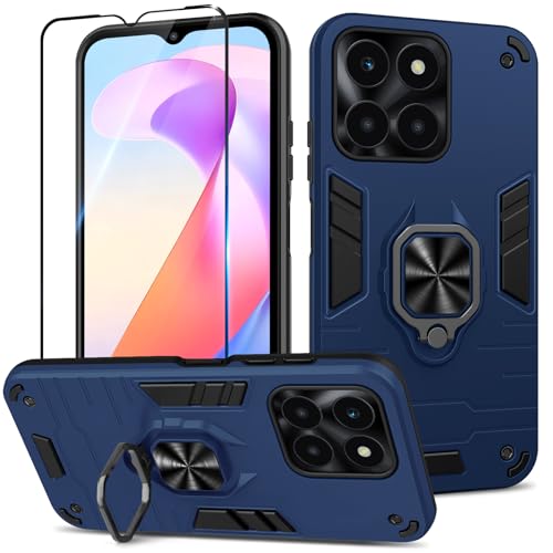 Btstring Case for Honor X6A and Screen Protector Tempered Glass Shockproof Tough Armour Phone Case with Stand Heavy Duty Personalised Blue