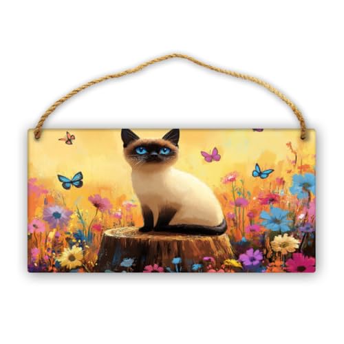 CDSASHCA Bright Flower Garden Siamese Cat Wooden Sign 12x6 Inch – Cottage Core Decor for Pet Lovers, Cozy Living Room Accent, Great Gift for Cottage Home Enthusiasts