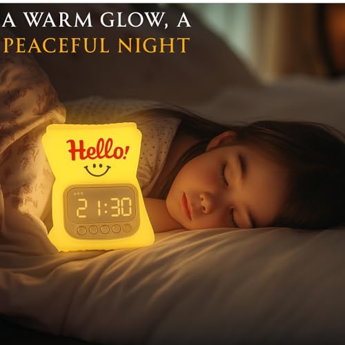 Image of One94Store Hello Digital Alarm Clock with LED Display & Night Light | Cute Cartoon Design, Snooze, Timer & Temperature | Bedside Clock for Kids, Bedroom & Home