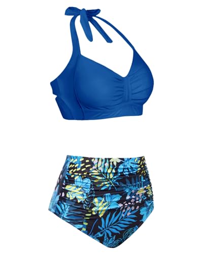 Image of Holipick Women High Waisted Bikini Set Two Piece Swimsuit Tummy Control Bathing Suit Vintage Halter Swimwear