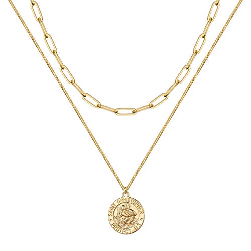 IEFSHINY Dainty Layered Necklaces for Women, Gold Chain Engraved Disc Layering Necklaces 14K Gold Plated Womens Layered Necklaces Gold Jewelry
