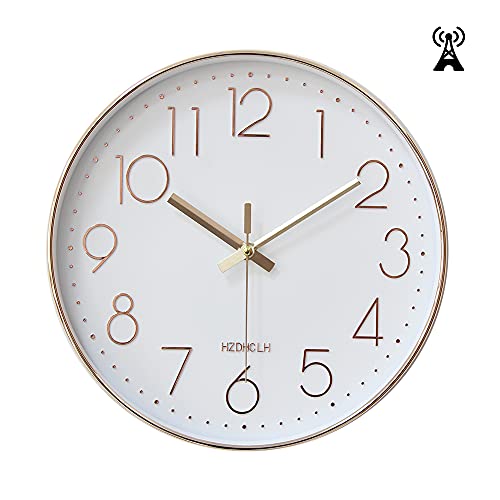 Image of HZDHCLH Atomic Analog Wall Clock,12 inch Battery Operated Mordern Round Clock,Automatically Set and Easy to Read,Decorate Living Room Kitchen Bedroom Office Classroom (White-Rosegold)