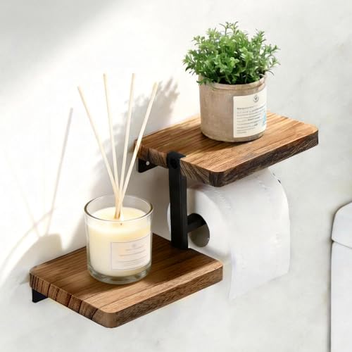YIGII Toilet Paper Holder with Shelf - Self Adhesive Wooden Tissue Paper Roll Holder Bathroom Wall Mounted Toilet Paper Roll Holder with Wipes Storage