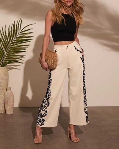 SCOFEEL Women's Embroidery Wide Leg Jeans High Waisted Baggy Denim Pant Casual Loose Fit Trousers with Pockets3