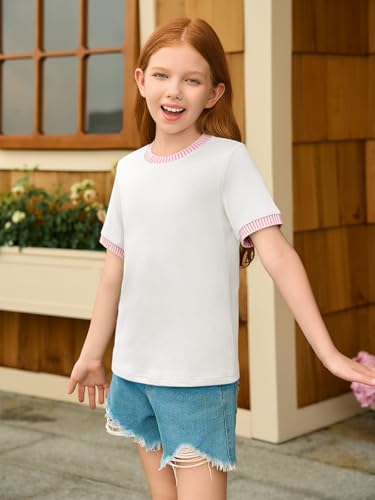 Haloumoning Girls Color Block Short Sleeve Shirts Kids Summer Striped Crewneck Tops Casual Tees 5-14 Years2