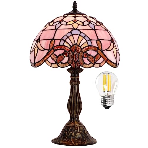 Image of WERFACTORY Tiffany Lamp Bedside Pink Stained Glass Table Lamp 18 Inch Tall