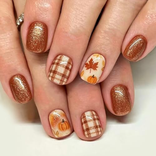 Orange Press on Nails Short Square, Holiday, Thanksgiving Fake Na...