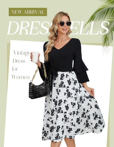 Image of DRESSTELLS Women's Cocktail Dress Summer Wedding Guest Party Vintage 3 /4 Bell Sleeve V Neck A-Line Dress