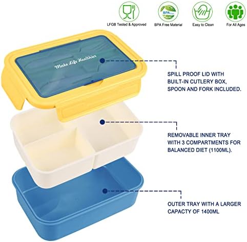 Cooja Bento Lunch Box Adults Kids with 3 Compartments, 1400ML Lunchbox Lunch Containers for Work Leak-Proof Sandwich Box Microwave Safe Built in Cutlery Set Spoon & Fork, Blue